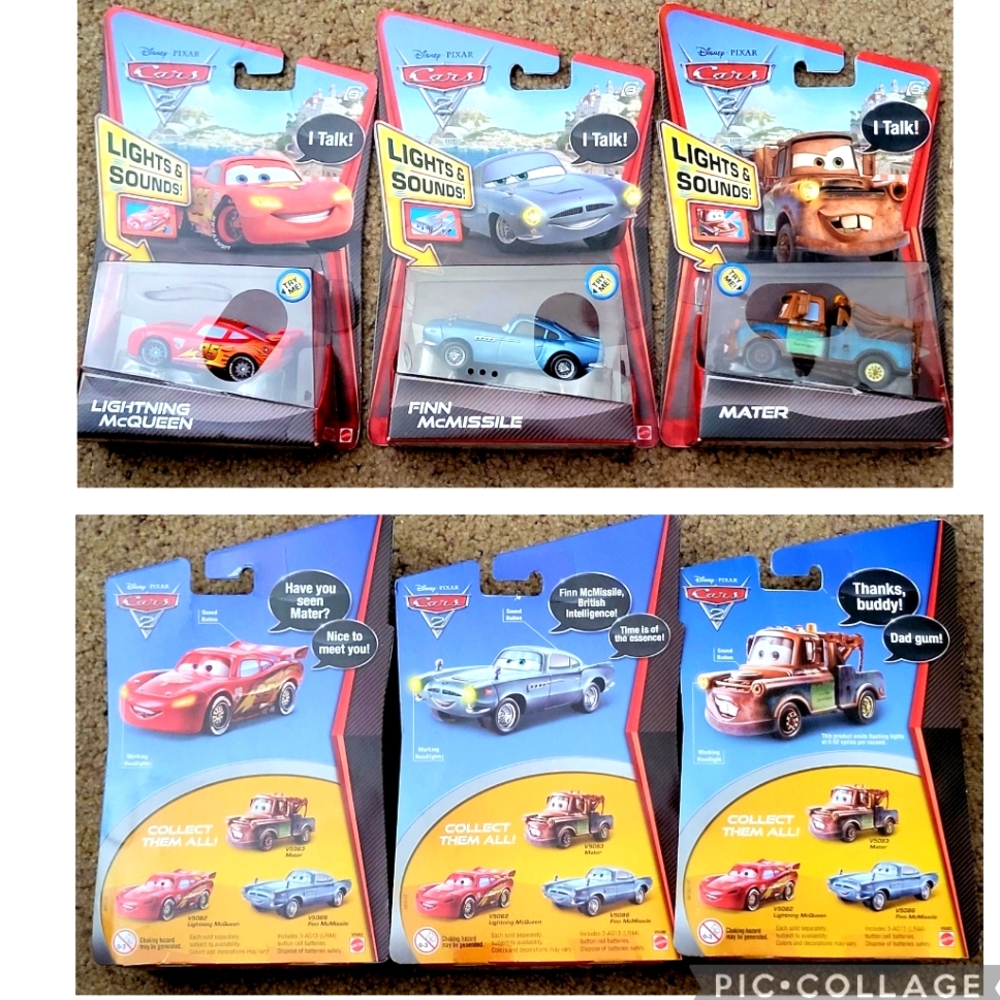 Disney Cars 2 Lights & Sounds - Lightning McQueen, Finn McMissle, Tow Mater NEW